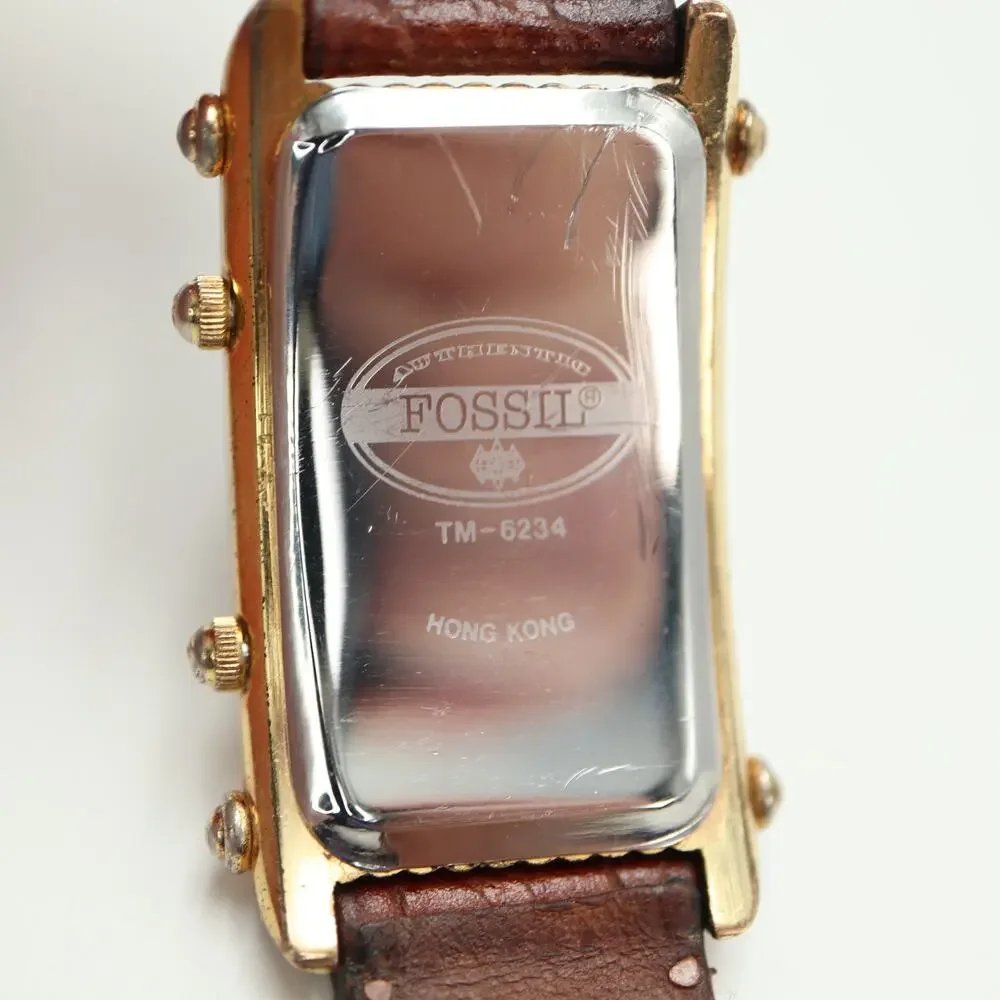 Vintage Fossil Dual Time 25mm Tank Watch Gold Tone Curved Black Dial New Battery